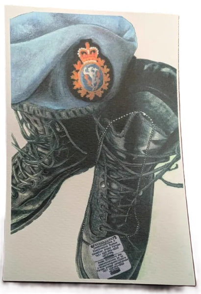 Illustration of a boot with a beret with C&E Crest on a beige background