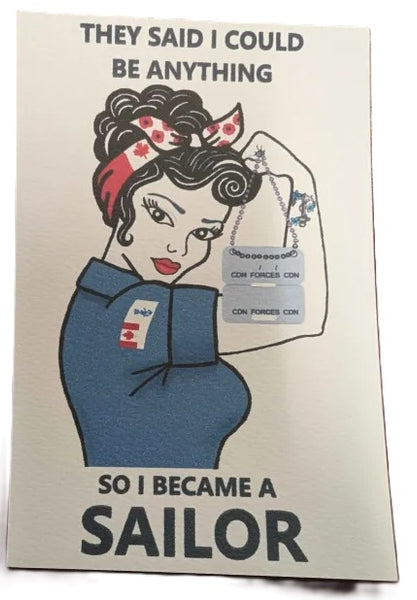 Illustration of a woman in a sailor uniform with text on a beige background