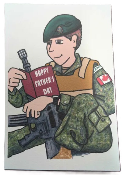 Card with a cartoon soldier holding a rifle and 'Happy Father's Day' sign, on a white background.