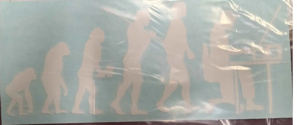 Illustration of human evolution with a modern twist, sitting at a radio white