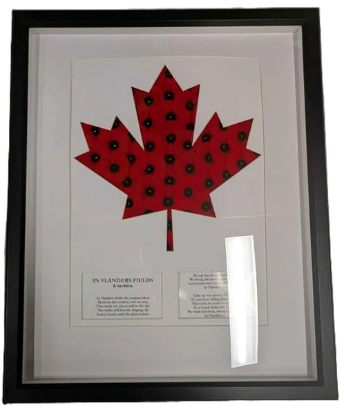 Framed red maple leaf with poppies and Flanders Fields poem white background