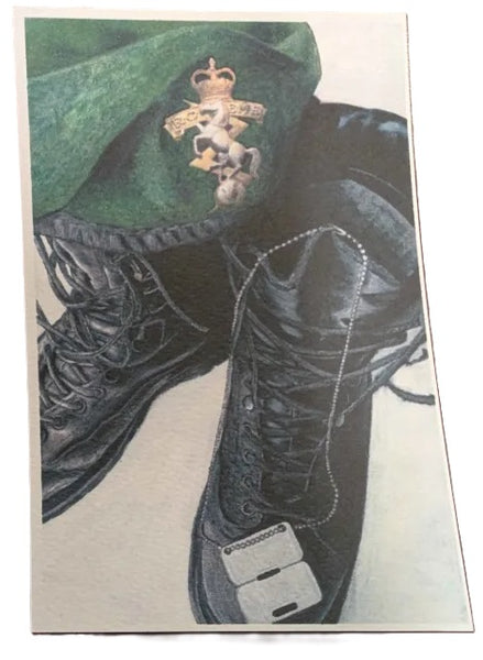 Green cap with a RCEME cap badge and black boots on a beige background