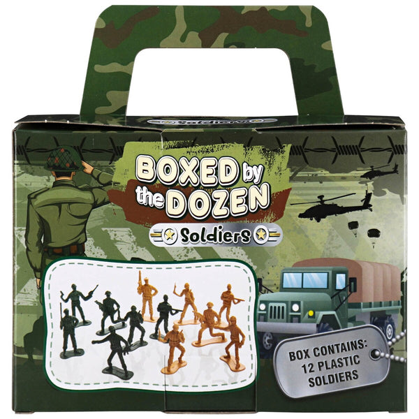 Boxed by the Dozen soldiers; back contains image of 6 green and 6 tan soldiers