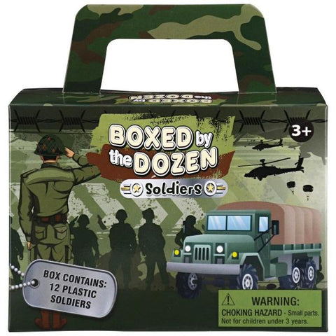 Front of product: Boxed by the Dozen Soldiers. Box Contains 12 plastic soldiers. Warning - Choking Hazard - Small Parts. Nor for children under 3