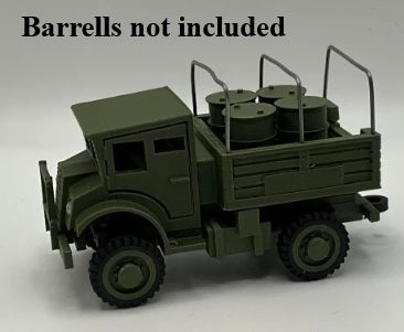 Model military truck with barrels on a white background, indicating barrels are not included.