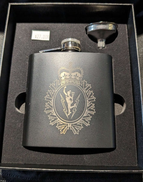 Black flask with C&E crest engraving