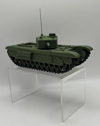 Model Churchill tank on a clear stand against a white background
