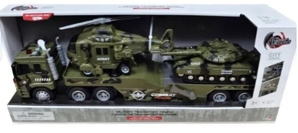 Green/Olive Drab camo Transport with helicopter and tank