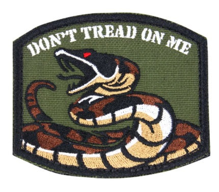 Patch with snake design and 'Don't Tread on Me' text on a green background