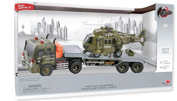 Toy set with a transport truck carrying an army helicopter in packaging