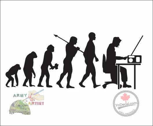 Illustration of human evolution with a modern twist, sitting at a radio. In black