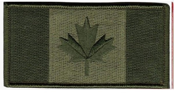 Olive green patch with a maple leaf, resembling the Canadian flag.