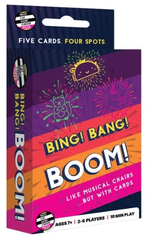 Bing! Bang! Boom! card game box featuring a colorful design with purple, orange, pink, and yellow sections, plus cartoon taco and firework illustrations. The box reads 'Five cards.