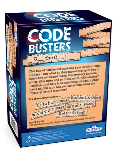 Code Busters puzzle game box by Outset, showing the back of the packaging with a blue design, white title text, and a beige information panel with example cipher phrases.