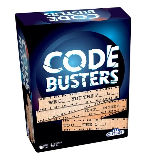 Code Busters card game box by Outset, featuring a dark blue and black design with white title text and beige card graphics on the front and side.