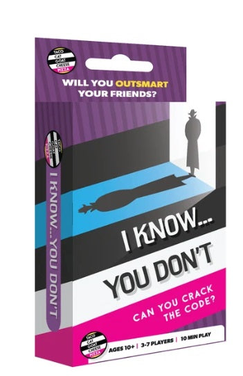 The retail packaging box for the card game 'I Know... You Don't" Can you crack the code?