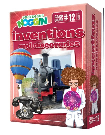 Professor Noggin 'Inventions and Discoveries' card game box, Card Game #12, featuring a red box with illustrations of a steam train, hot air balloon, rotary telephone, and cartoon scientist.
