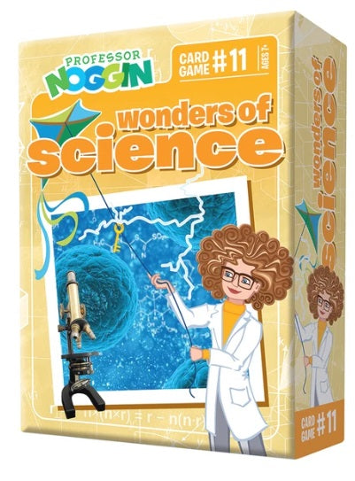 Professor Noggin 'Wonders of Science' Card Game #11 box, featuring a bright yellow-orange background with an illustration of a scientist in a lab coat and a blue scientific graphic.