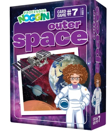 The retail box for the board/card game 'Professor Noggin Outer Space', showing a purple space-themed design with an illustration of a woman in an astronaut suit, Earth, planets, and a space station.