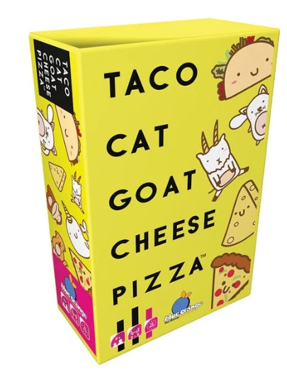 A bright yellow product box for the card game 'Taco Cat Goat Cheese Pizza' by Blue Dreams, featuring cartoon illustrations of tacos, pizza slices, and cats alongside bold black text.