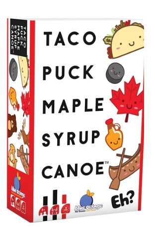 The product packaging for the board game 'Taco Puck Maple Syrup Canoe' by Blue Orange. The box features a white front face with large black text and colorful cartoon illustrations of a taco, maple leaf, and canoe, alongside a red side panel showing additional game pieces.