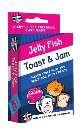 Jelly Fish Toast & Jam card game box, featuring a pink and blue design with cute cartoon illustrations of a fish, toast, and jam jar.