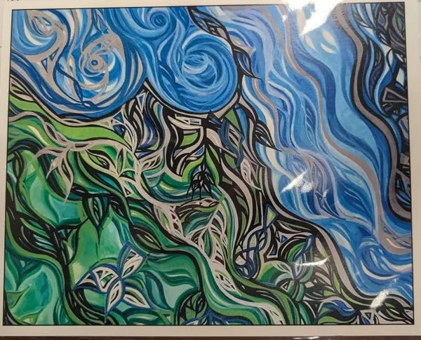Abstract artwork with swirling blue and green patterns