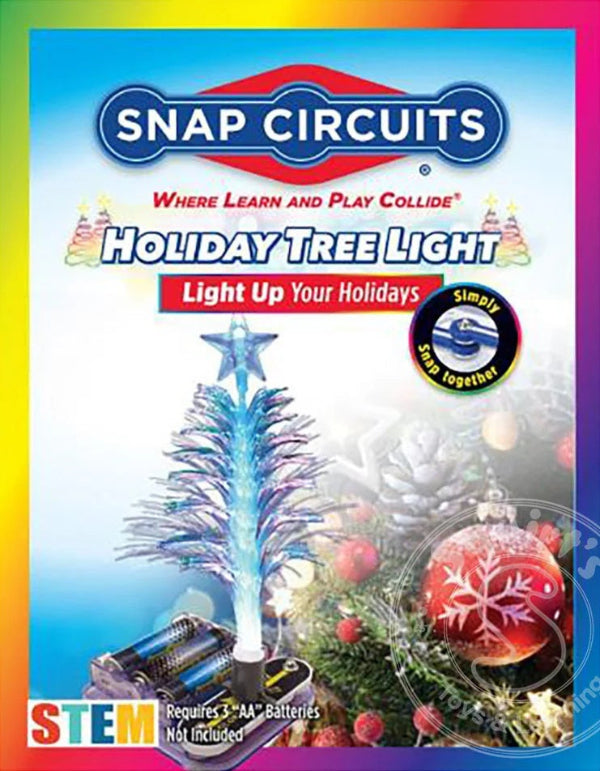Snap Circuits Holiday Tree Light kit packaging with Christmas tree and decorations on a colorful background.