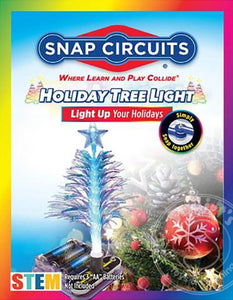 Snap Circuits Holiday Tree Light kit packaging with Christmas tree and decorations on a colorful background.