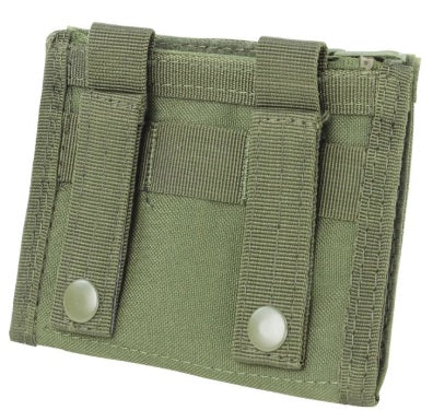 Green ID Panel pouch with two slots and straps on a white background