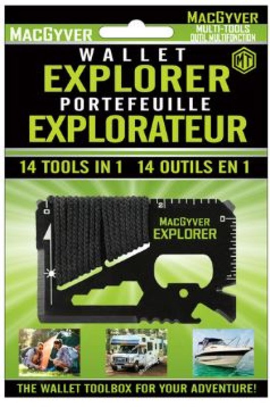 MacGyver Explorer multi-tool wallet on a green background