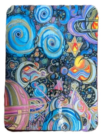 A square canvas print featuring a vibrant, psychedelic cosmic illustration with swirling blue nebulae, colorful planets, stars, and abstract shapes on a dark background.