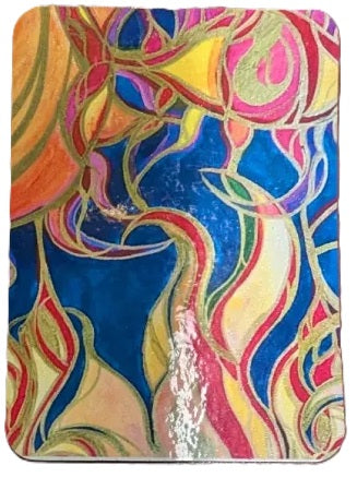 A square abstract art print or decorative tile featuring a vibrant, swirling pattern of blue, yellow, pink, orange, and red with gold outlines.
