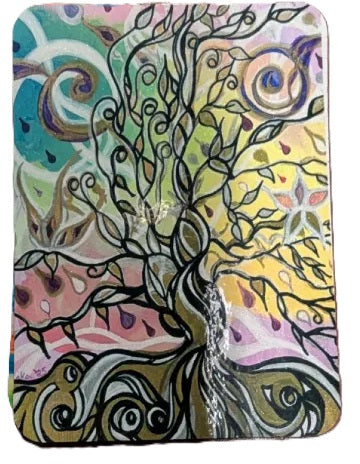 A square canvas art print featuring a stylized tree of life with swirling branches and roots, set against a colorful background with pastel gradients of pink, yellow, green, and blue.