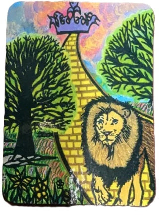 A colorful hand-drawn illustration featuring a lion in the foreground, a yellow brick pathway leading upward, stylized trees, and a bright sky with rainbow tones.