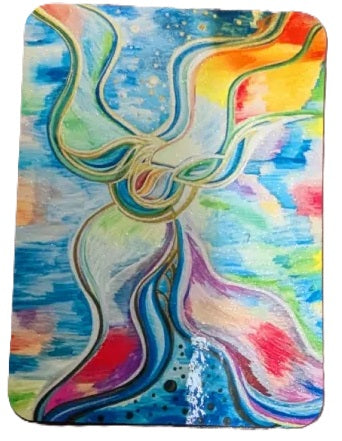 A colorful abstract painting featuring flowing, wave-like lines and brushstrokes in blue, green, yellow, orange, pink, purple, and red, with a glossy finish.