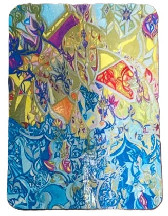 A square fabric item, likely a clutch cover or small tote, featuring a highly detailed, colorful abstract and floral pattern with blue, yellow, purple, and red tones.