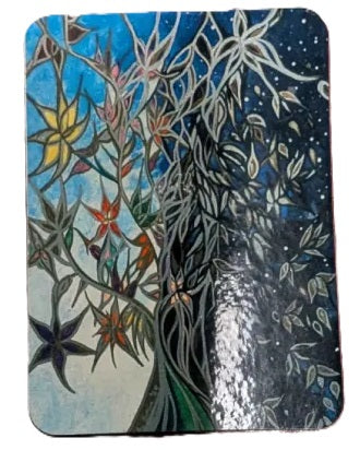 A square art print or decorative tile featuring a stylized tree with flowers, shown against a plain white background.