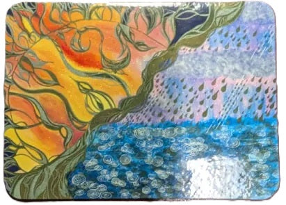 A square decorative mat or tray featuring a colorful abstract landscape painting with a bright orange and yellow sunlit tree on the left, a green trunk and branches, and a blue water-like scene on the right under a purple sky with raindrops.