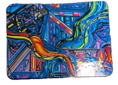 A square product with rounded corners featuring a vibrant, abstract graffiti-style illustration in blue, green, red, yellow, and orange, set against a plain white background.