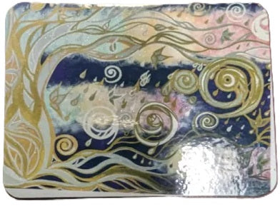A square decorative plate or tray featuring an abstract swirling design in navy blue, gold, pink, and white, with a glossy reflective finish.