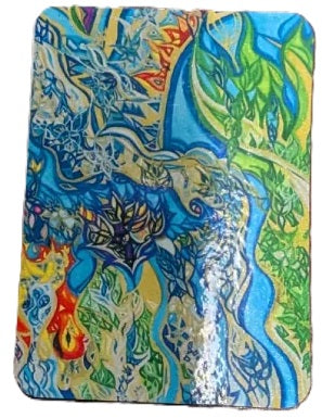 A rectangular product with rounded corners, featuring a highly detailed, colorful abstract illustration with blue, green, yellow, and orange elements, set against a plain white background.