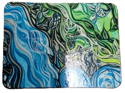 A rectangular mat featuring an abstract, fluid art design with swirling patterns in blue, green, black, and white, with a glossy finish and a small white border.