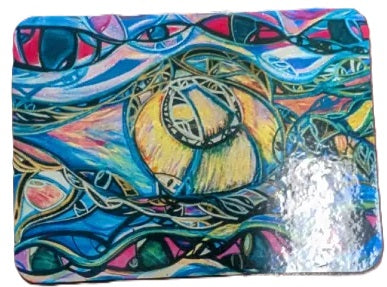 A square decorative item featuring a vibrant, abstract psychedelic design with swirling patterns of blue, yellow, pink, and green, and a prominent metallic silver reflective patch in the lower right corner.
