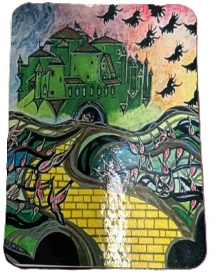 A square canvas painting depicting a whimsical fantasy scene with a green castle, flying black birds, a yellow brick road, and swirling green and pink vines against a multicolored sky.