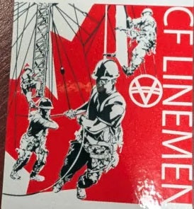 Red and black advertisement for CF Linement with illustrations of workers.