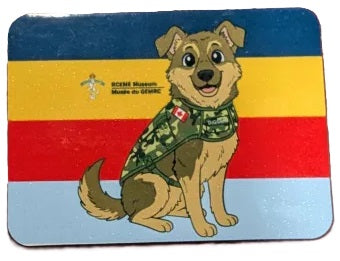 RCEME flag with Digger the Dog superimposed. Text RCEME Museum