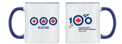 11 oz mug text on one side; 3 roundel with "RCAF/ARC" text on 2nd side "100 Your Air Force Bothre Force Aerienne 1924-2024