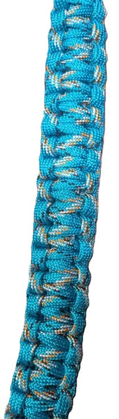 Blue Paracord bracelet with a black buckle on a white background