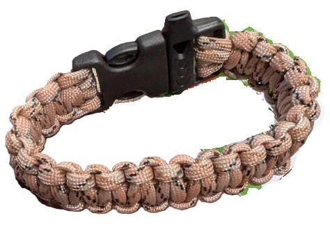Desert camouflage-patterned paracord bracelet with a black buckle on a white background